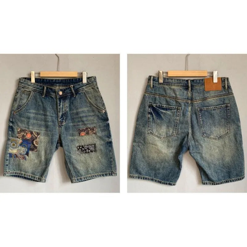 Men's Summer American Casual Embroidery Patch Vintage Denim Shorts