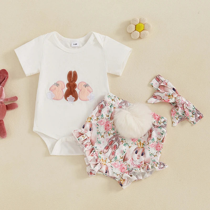 3pcs Baby Girls Easter Clothes Sets 0-18M Rabbit Print Short Sleeve Romper and Shorts Cute Headband