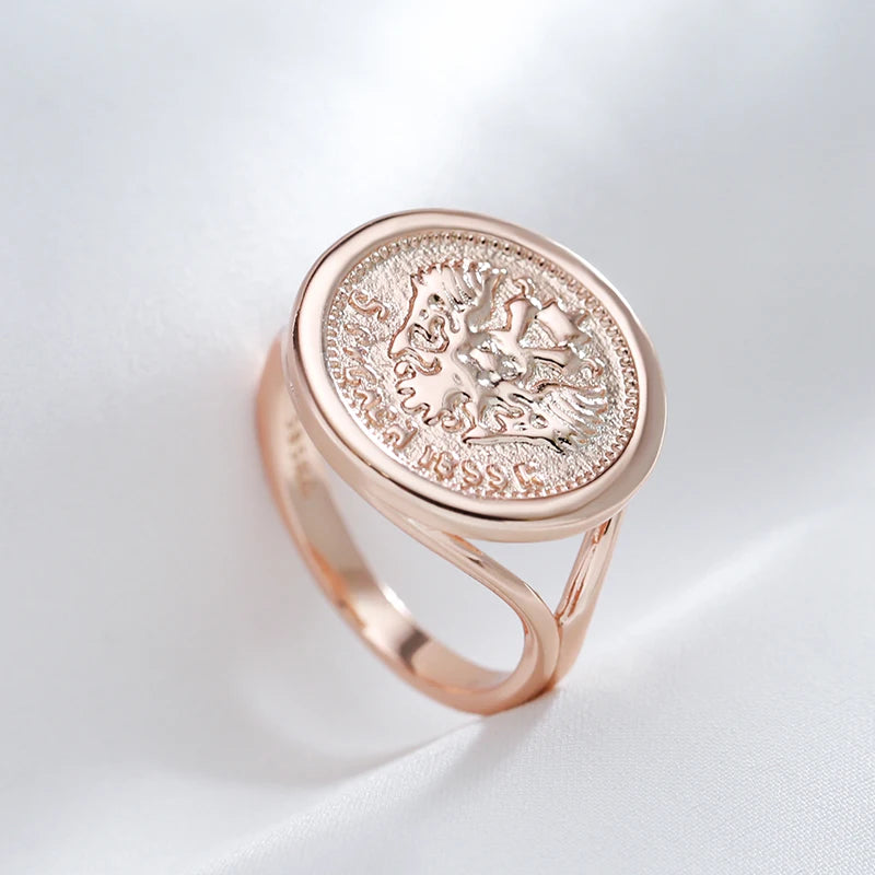 585 Rose Gold Colour Antique Big  Round Shape Carved Totem Ethnic Ring