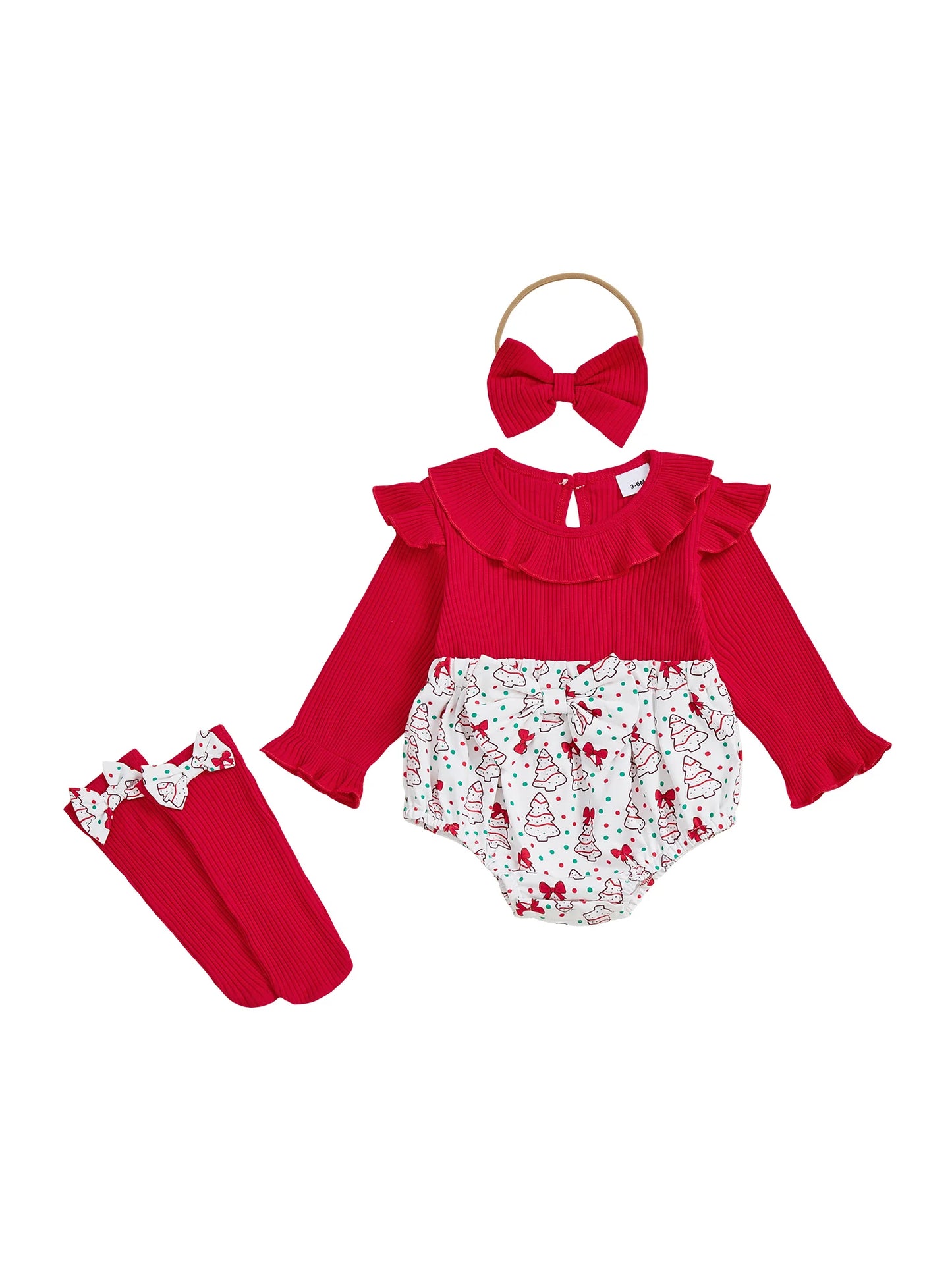 Baby Girls Christmas Romper Set - Santa Tree Bow Print Long Sleeve Ruffle Jumpsuit with Headband & Socks