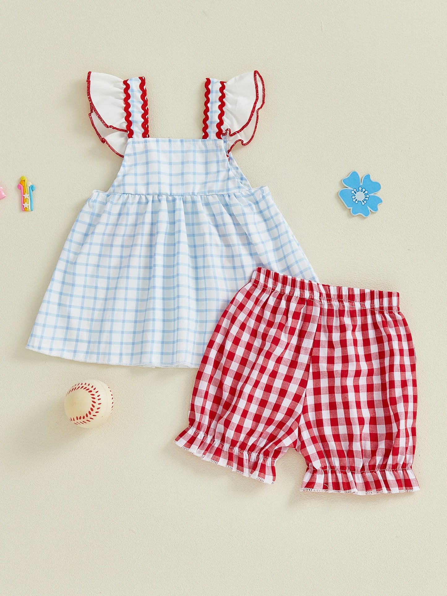 Toddler Girls 2-Piece Outfit Set - Plaid Baseball Embroidery Top & Shorts