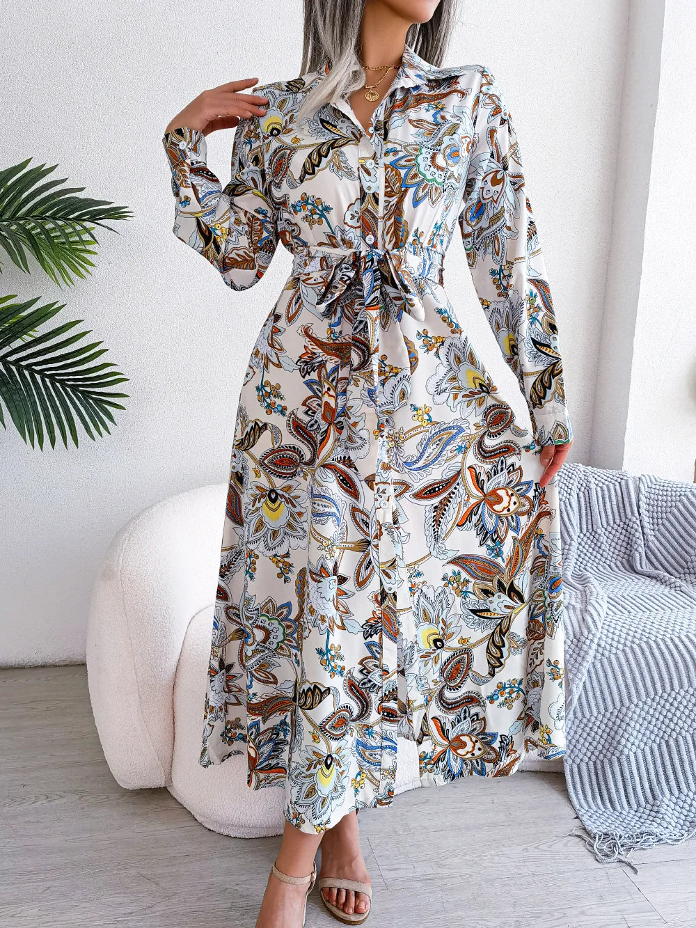 Women'S Spring Summer Retro Floral Collar Long Sleeve Tie Up Shirt Dress