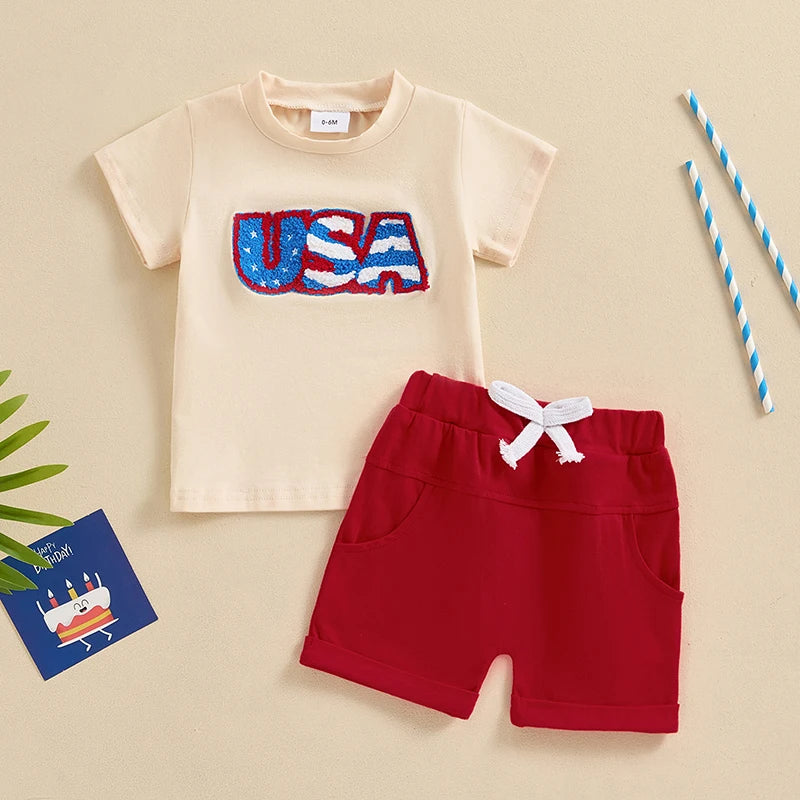 0-3Y Infant Baby Boys Clothes Set 2pcs Short Sleeve USA Letters Embroidery T-shirt with Shorts Outfit