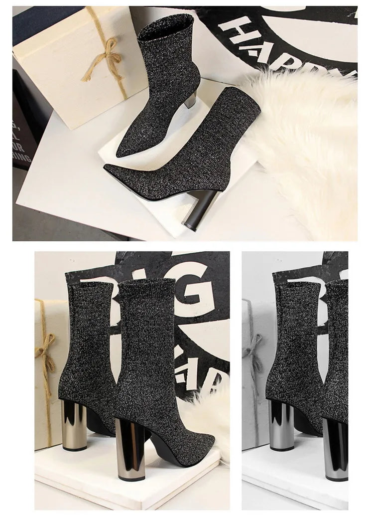 Women's Elastic Sock Boots - Metal Block Heel Ankle Boots Plus Size Available