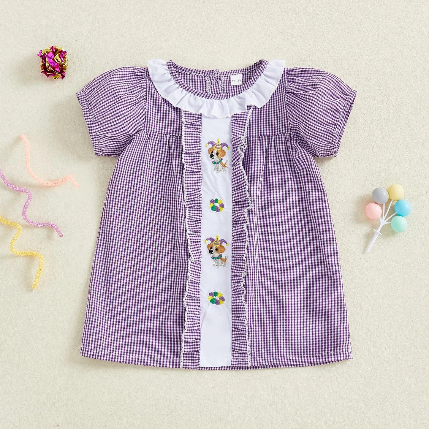 Girls Plaid A-Line Dress - Cartoon Embroidered Ruffle Trim Short Sleeve