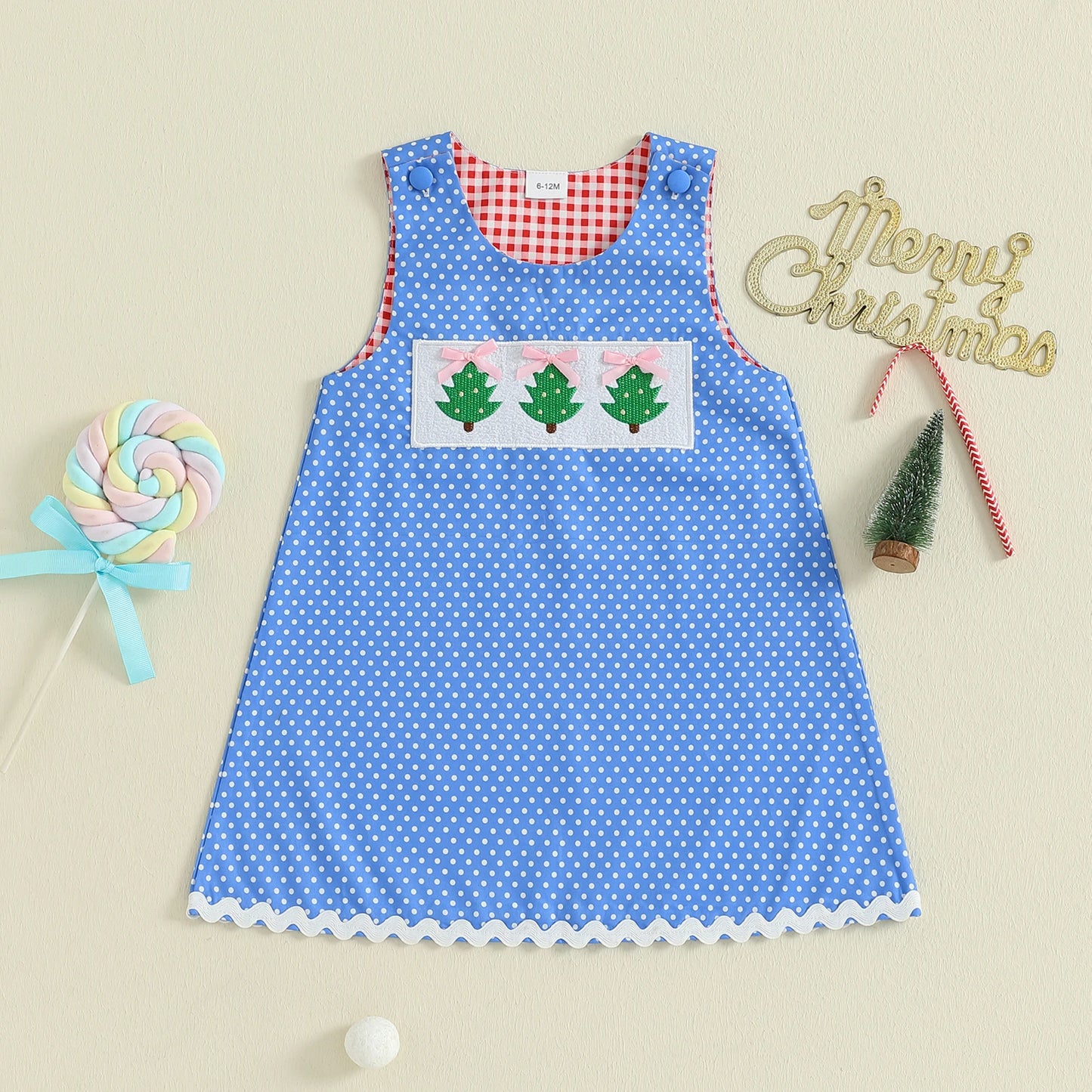 Girls' Christmas Tank Dress - Sleeveless Plaid Dress with Embroidered Tree Design