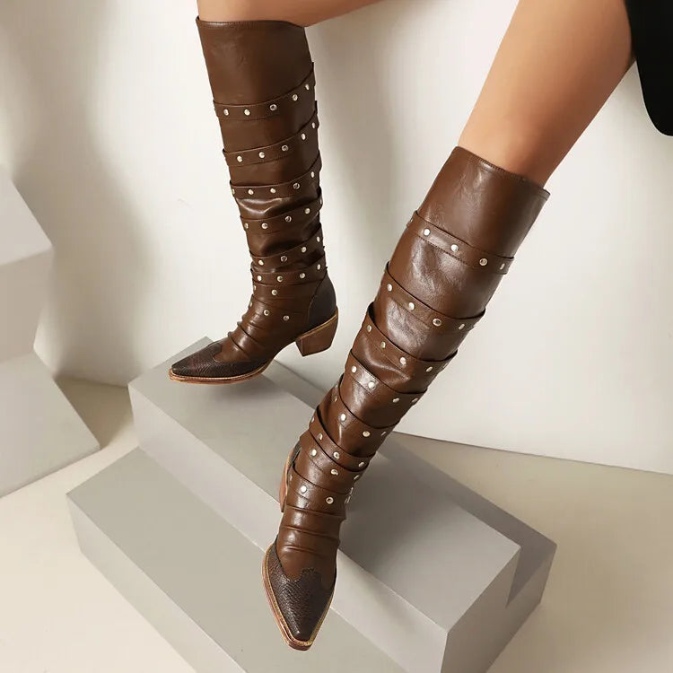 Women's 6cm Square Heel Knee High Boots Belt Buckle Rivet Pointed Leather Long Boots