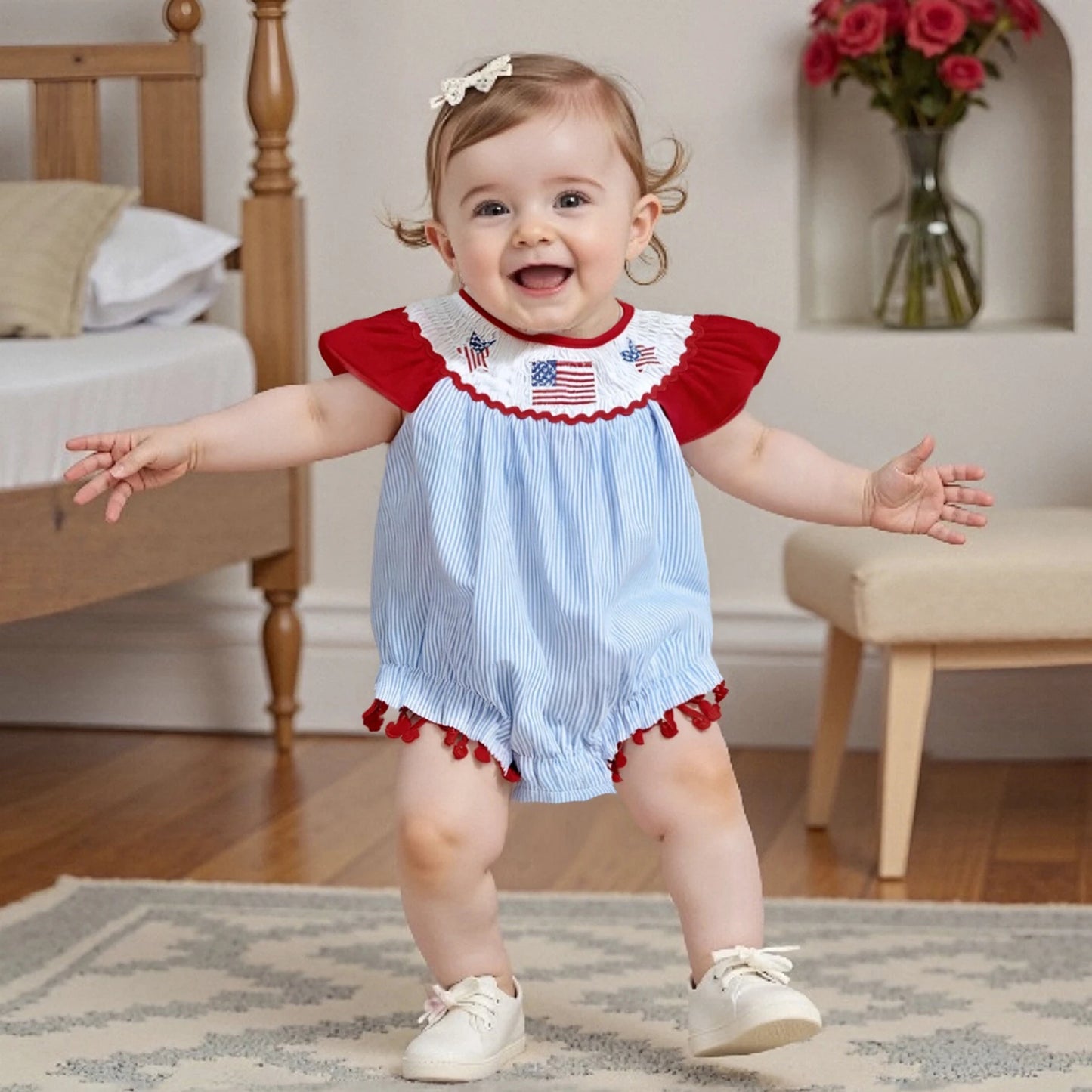 Baby Girls Summer Romper - Ruffles Tassel Flutter Sleeve Striped Flag Embroidery (0-18M)