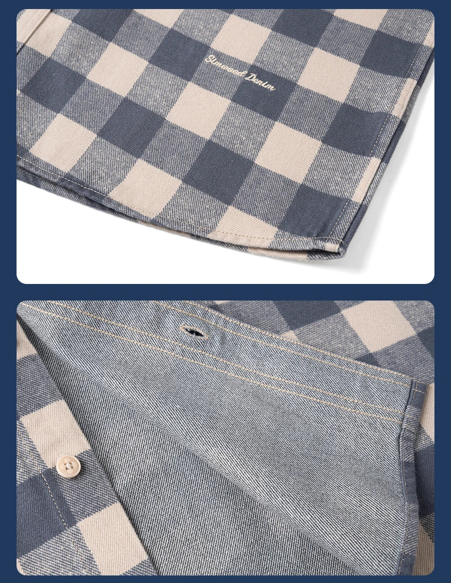 Men's Loose Plaid 8oz Washed Vintage Fabric Casual Check Shirt