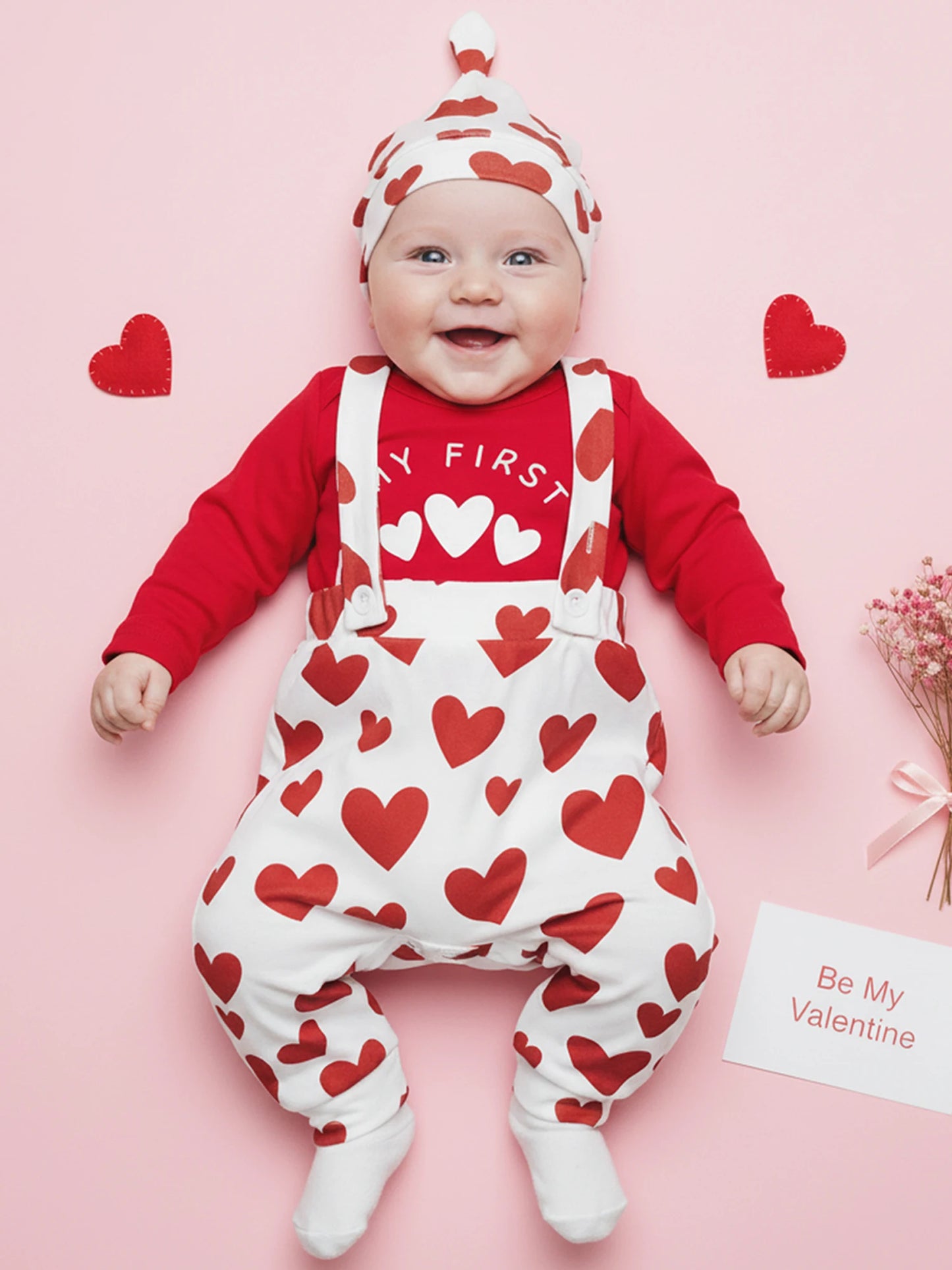 Baby Boys Valentine's Day Outfit Set - Heart Print Romper with Suspender Pants & Hat 0-18M