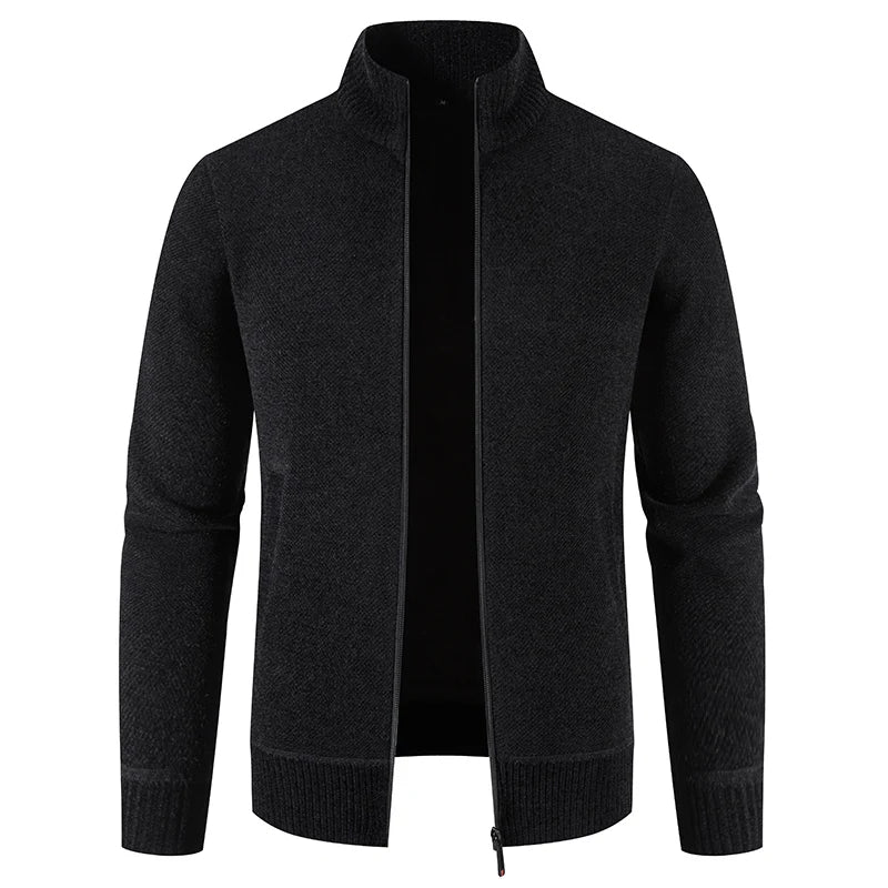 Men's Thick Knit Zip-Up Cardigan with Stand Collar