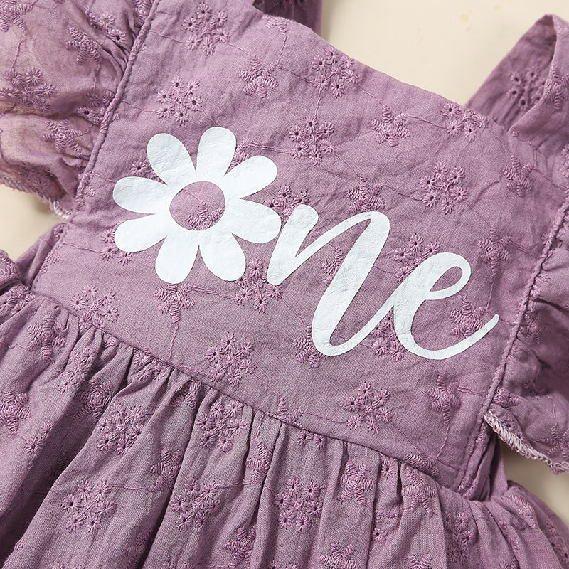 0-18M Infant Baby Girl  Romper 2pcs Flower Letter Print Flying Sleeve Birthday Jumpsuits and  Bow Headband