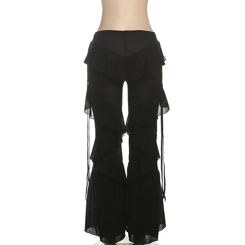 Women's Ruffled Tie Detail Flared Pants - Mesh Sheer Stretch Trousers