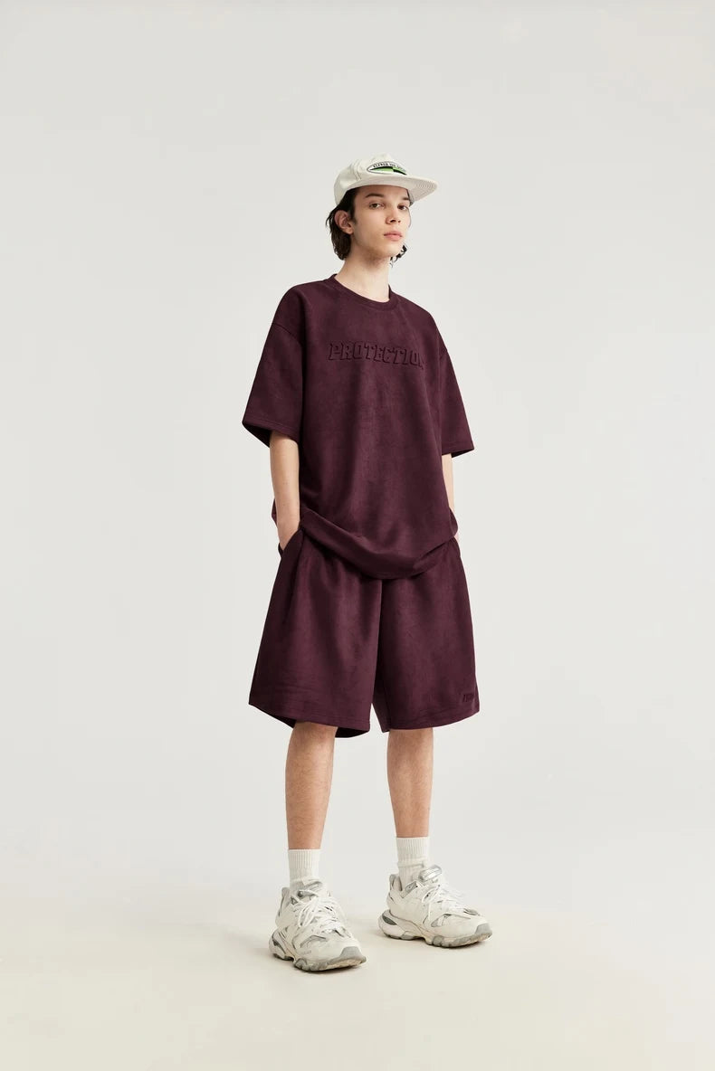 Unisex Oversized Suede Fabric Embossed T-shirts and Shorts Set