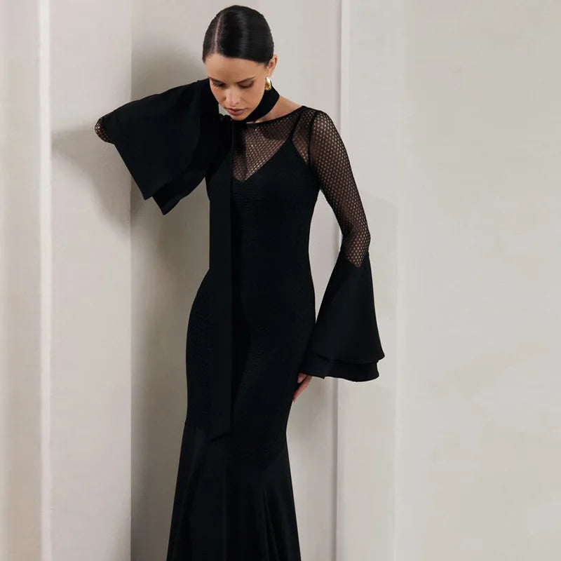 Women's See Through Bodycon Maxi  Flare Long Sleeve High Waist Gown Splice Dress