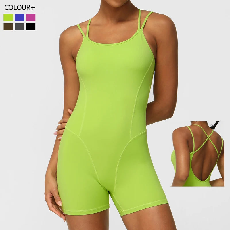 Women's One Piece Fitness Yoga Set - Gym Jumpsuit Breathable Quick Dry Running Sportswear Shorts