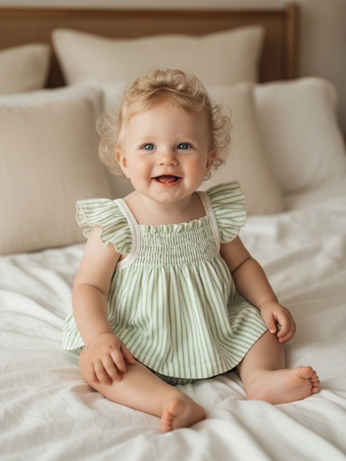 Baby Girls Striped Summer Outfit Set - Flying Sleeve Top & Shorts (0-24M)