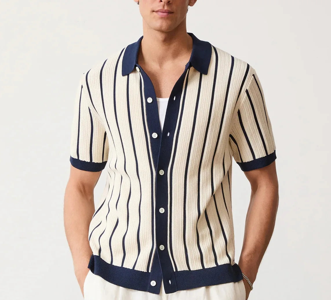 Men's Summer Striped Knit Polo Patchwork Short Sleeve Turn Down Collar Smart Casual Shirt