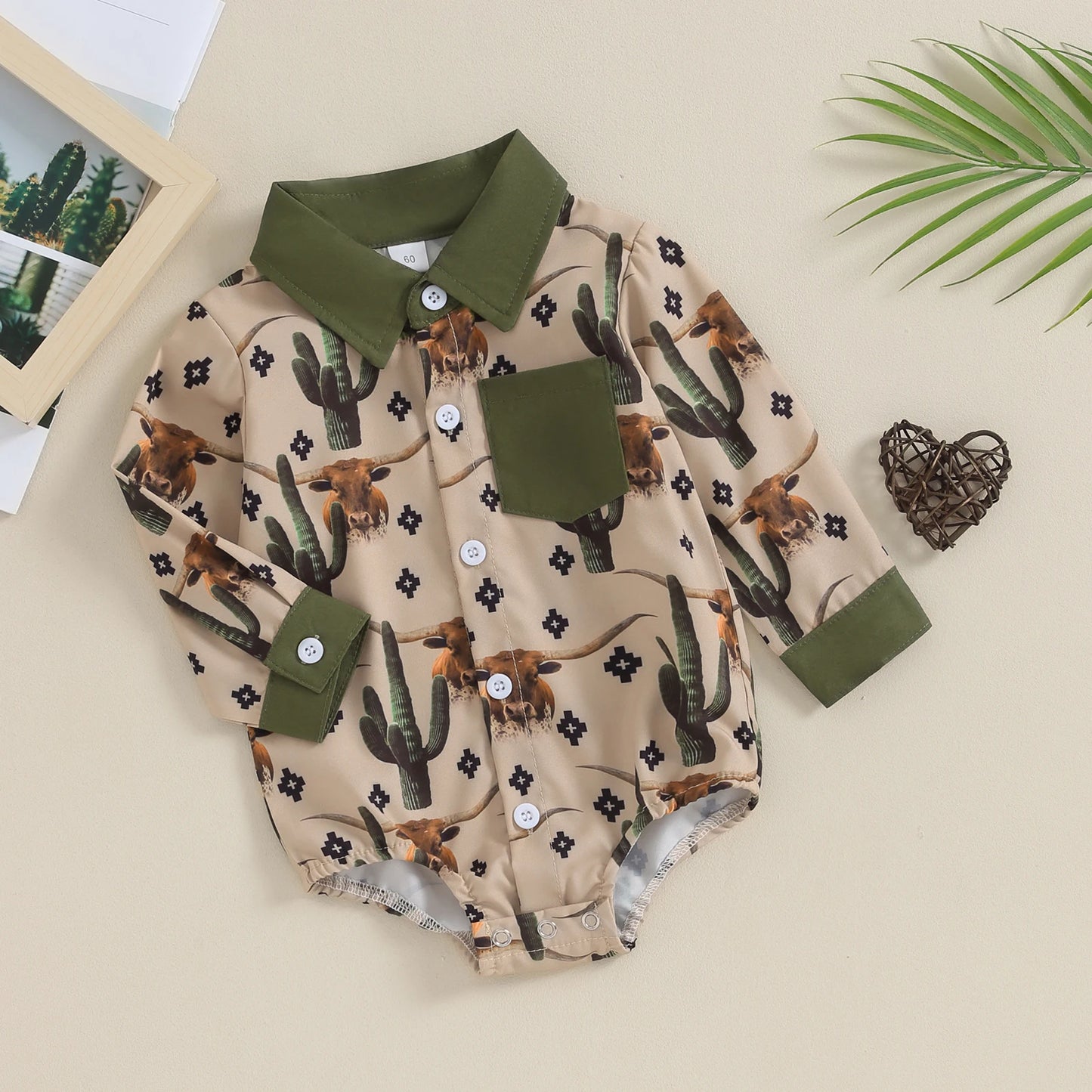 0-18M  Infant Baby Boys Western Jumpsuit Cartoon Cactus/Cattle Print Lapel Long Sleeve Button Down Romper