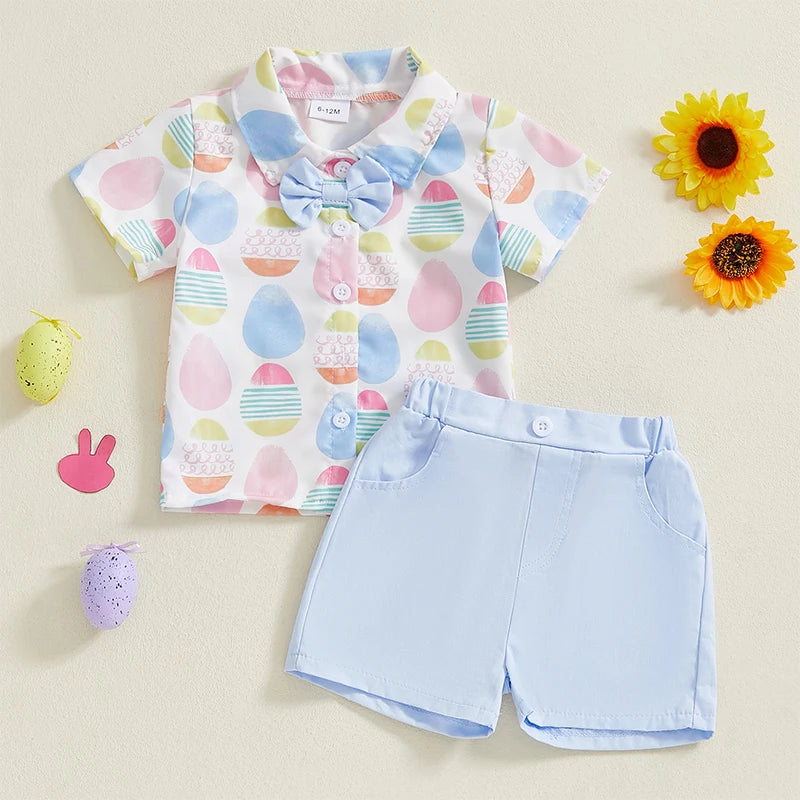 0-4Y Kids Boys Easter Gentleman Clothes Set Egg Print Short Sleeve Button-up Bow Tie Shirt with Elastic Shorts
