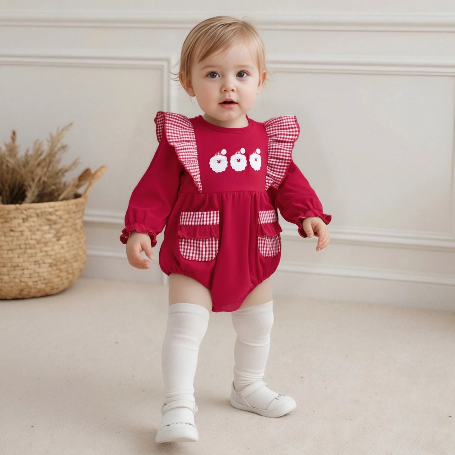 Baby Christmas Romper - Santa Plaid Ruffle Trim Long Sleeve Bodysuit with Pockets (0-18M)