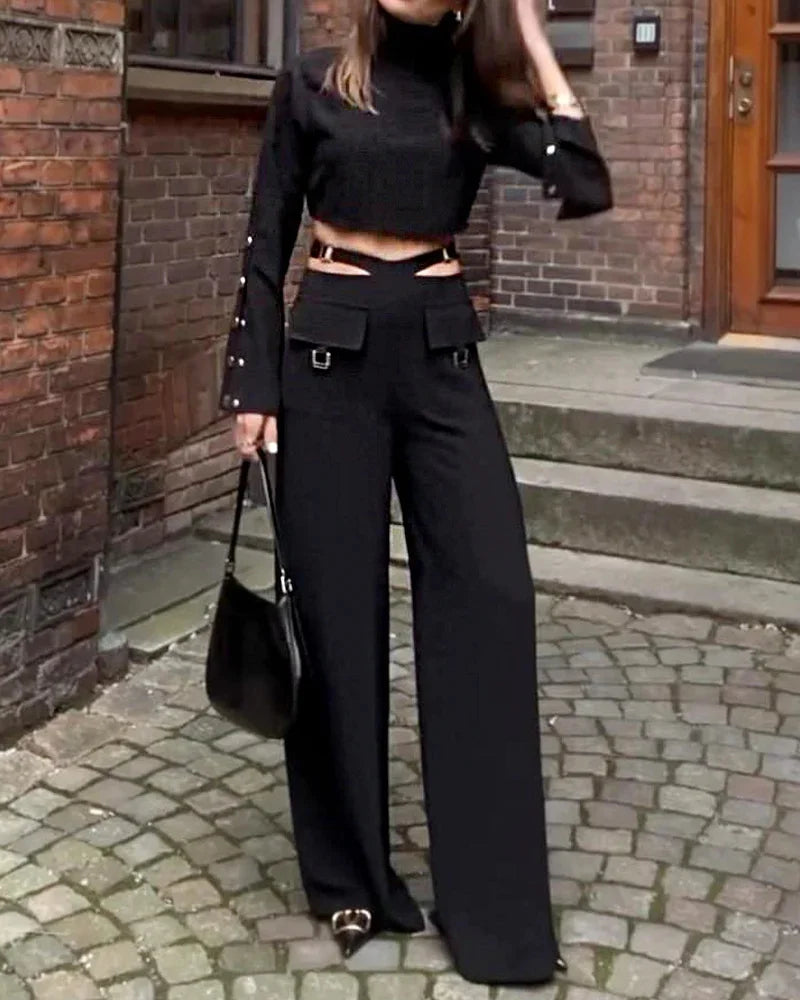 Women's Crossover Two Piece Set with High Collar Long sleeves  Wide Leg Pants Set