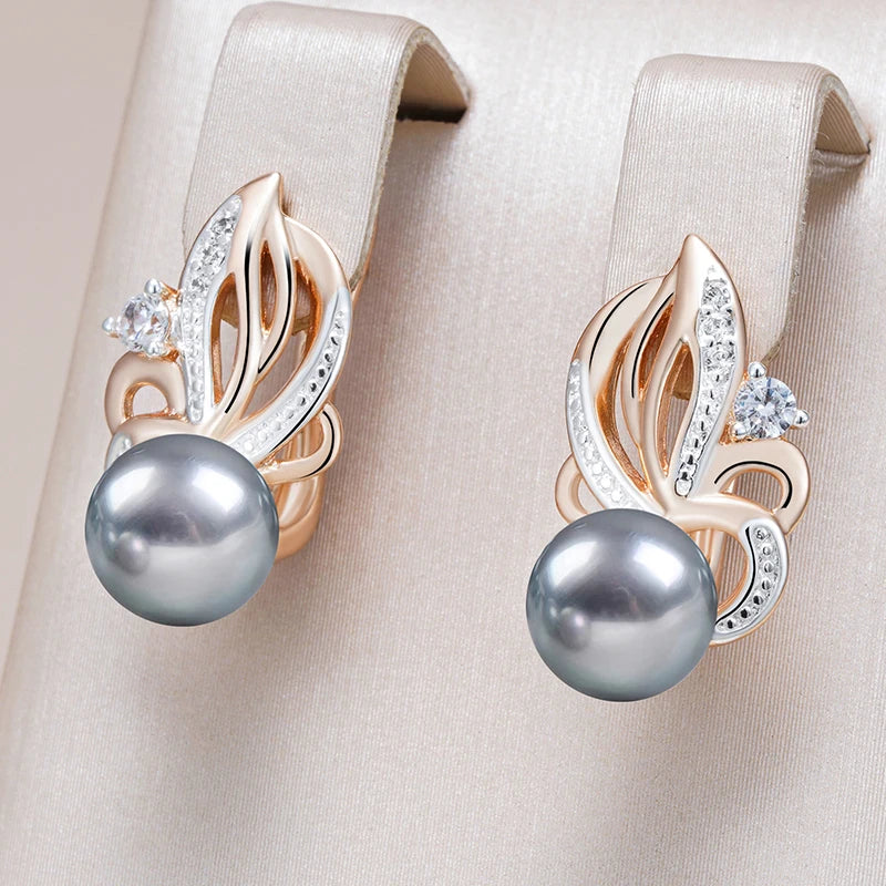 Natural Zircon Flower Gray Pearl Drop Earrings - Rose Gold Boho Wedding Jewelry