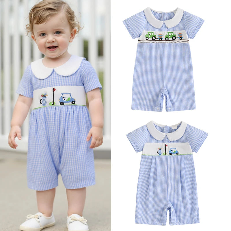 Baby Boys Romper - Doll Collar Golf Embroidery Plaid Jumpsuit