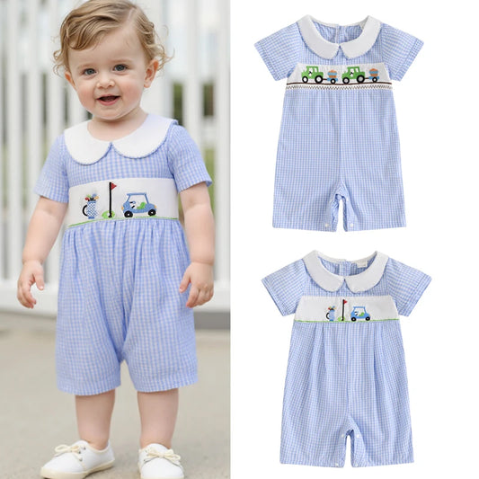 Baby Boys Romper - Doll Collar Golf Embroidery Plaid Jumpsuit
