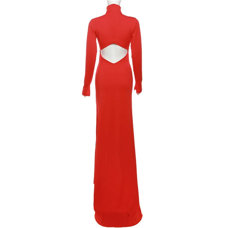 Women's Cut Out Maxi Dress Long Sleeve Ruched Backless Gown Dress