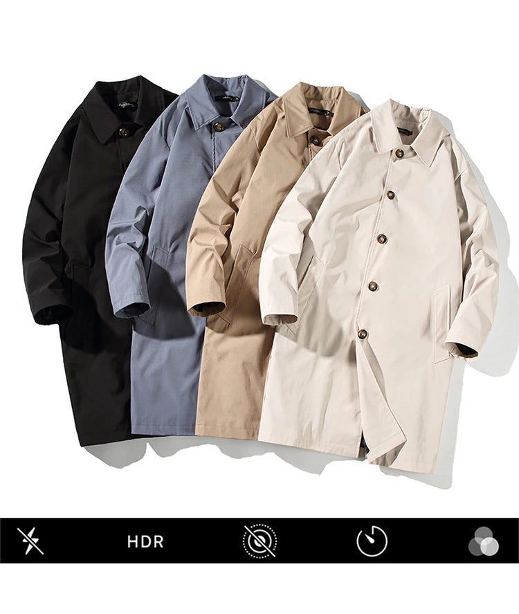 Men's Windbreaker Medium Length Turn Down Collar Trench Coat