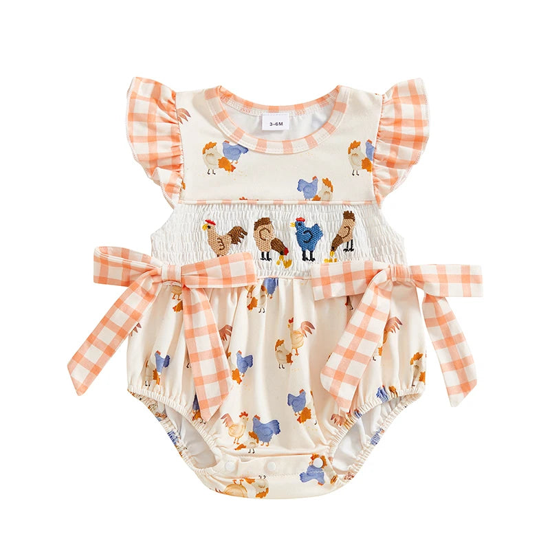 Baby Girls Summer Romper - Plaid Chick Print Ruffled Bodysuit with Bow