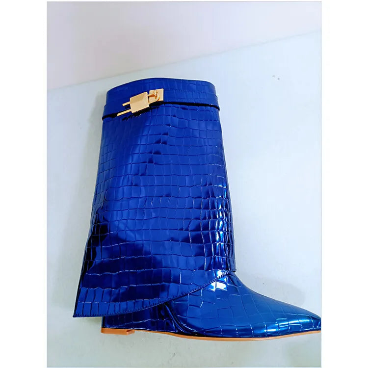 Women's Wedge Leather Mid-Calf Boots - 10cm Heel Metal Buckle Boots