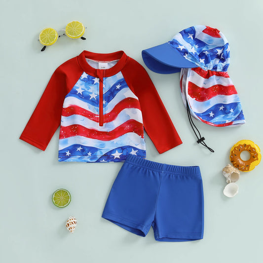 0-5Y American Flag Kids Boys 4th Swimwear Clothes Sets Long Sleeve Stars Print T-shirt with Shorts and Hat