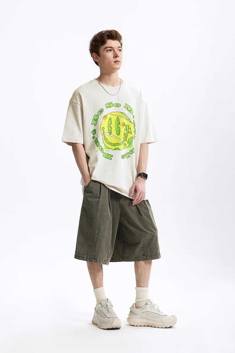 Men's Tennis Graphic Cotton T-Shirt American Vintage Tee Streetwear Loose Fit Crew Neck Short Sleeve