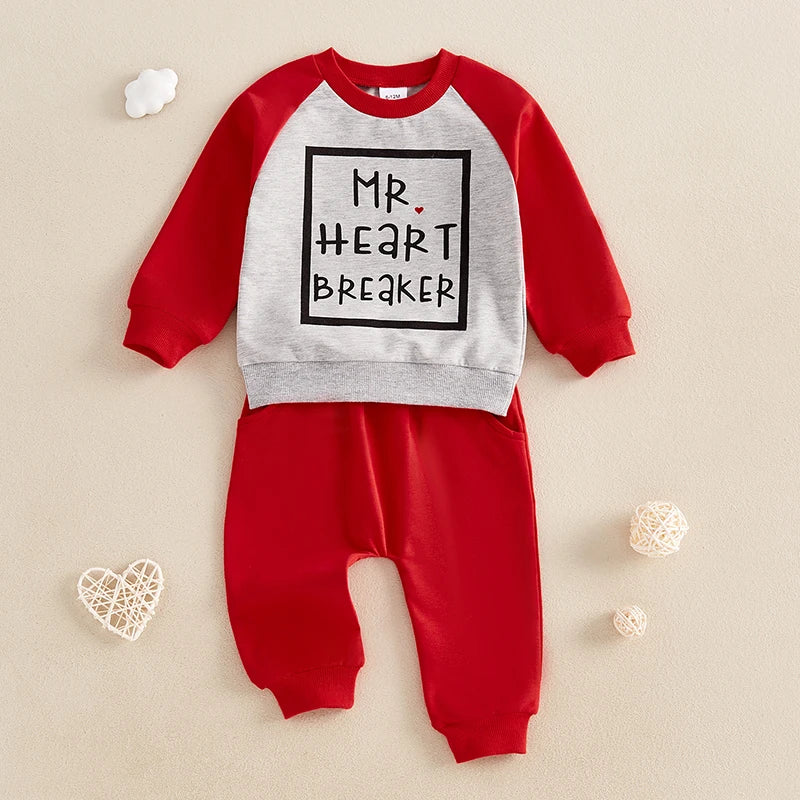 0-3Y Casual Baby Boys Valentines Day Clothes Sets Color Patchwork Letter Print Long Sleeve Sweatshirt Solid Pants