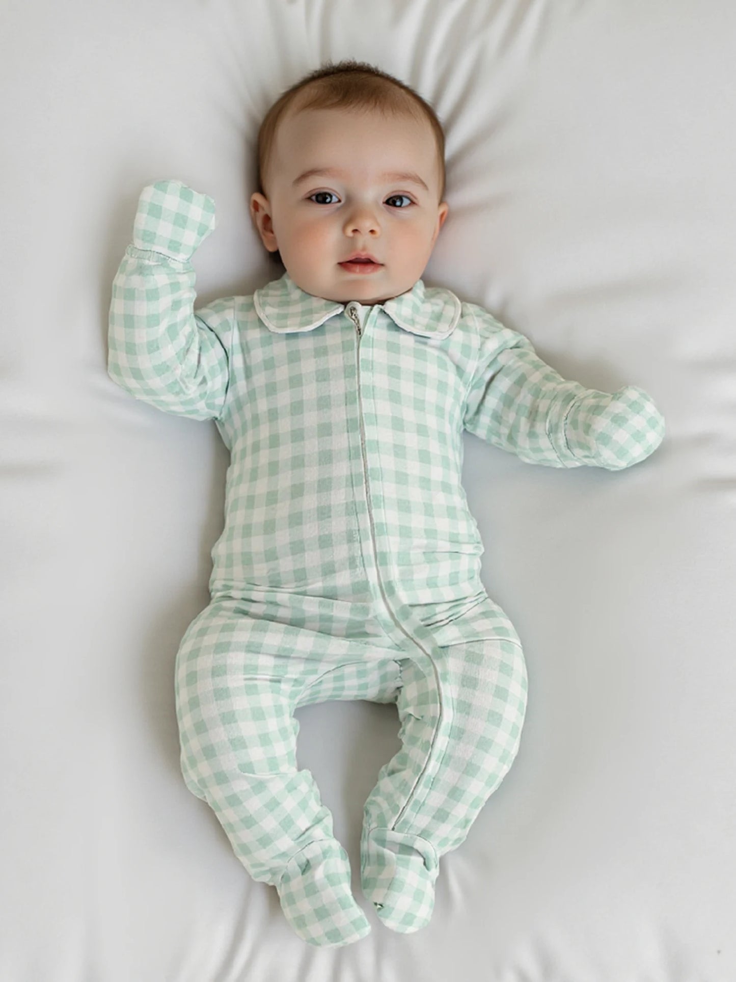 Newborn Baby Plaid Romper - Doll Collar Long Sleeve Zip-Up Footed Jumpsuit