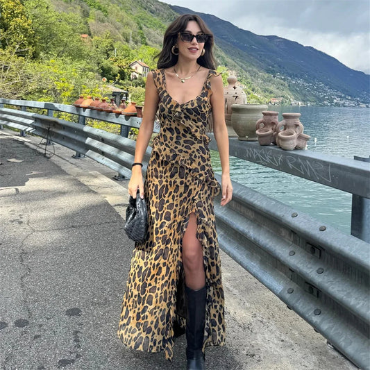 Women's Spring and Summer  Temperament Ruffle Edge Leopard Print Dress