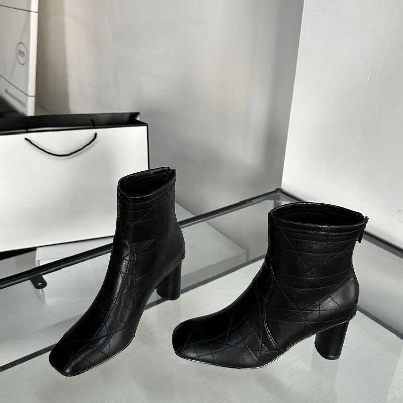 Retro Checkered Ankle Boots - Round Heel with Back Zipper