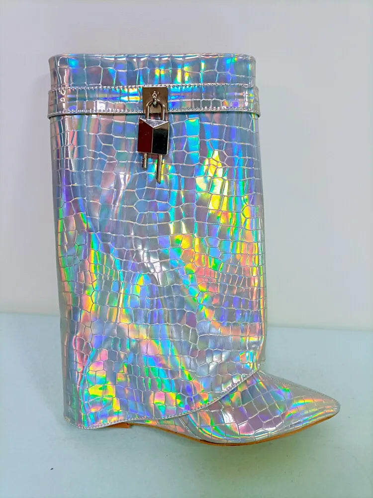 Women's Wedge Leather Mid-Calf Boots - 10cm Heel Metal Buckle Boots