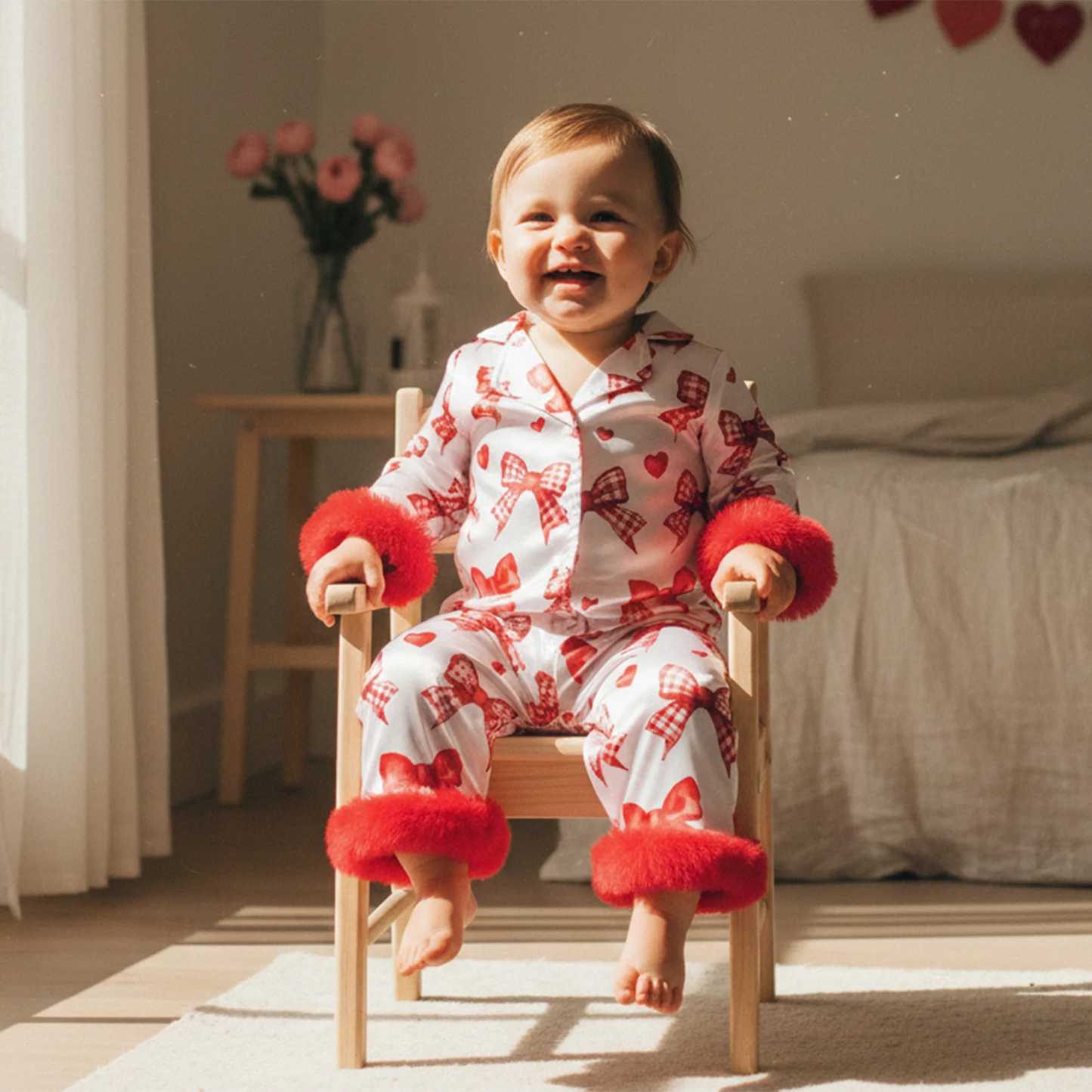 Baby Girls Romper - Heart Print Lapel Collar Jumpsuit with Fur Cuffs