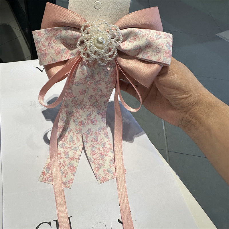 Handmade Fabric Bow Brooch with Pearl Flower Detail