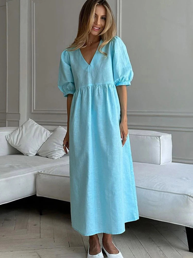 Women's  V-Neck Puff Sleeve Blue Dress- High Waisted Long  Dress