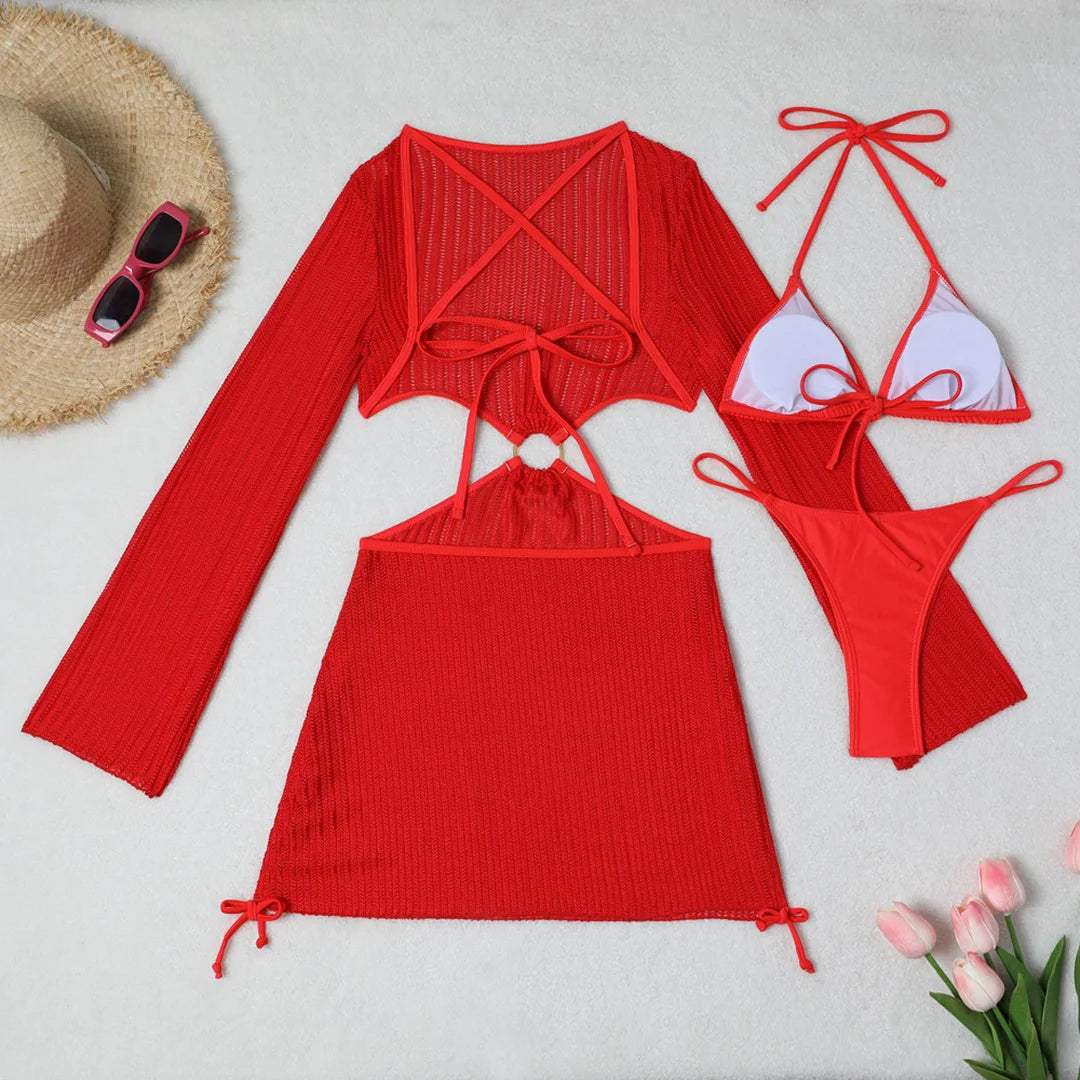 Women's Halter Bikini Set with Long Sleeve Cover-Up | Three-Piece Wire-Free Padded Swimwear