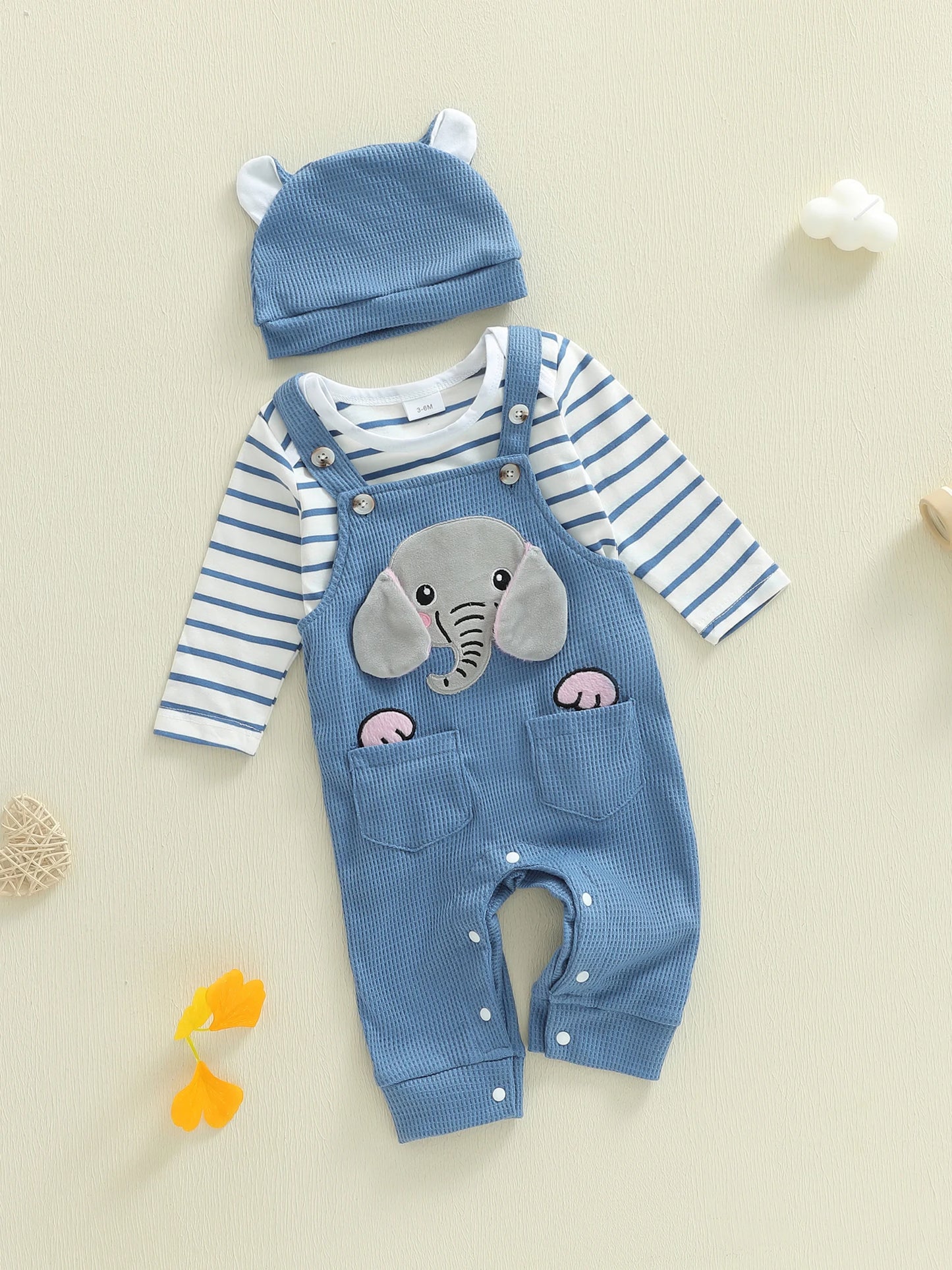 Baby Boys 3-Piece Outfit Set - Striped Romper, Elephant Suspender Pants & Hat