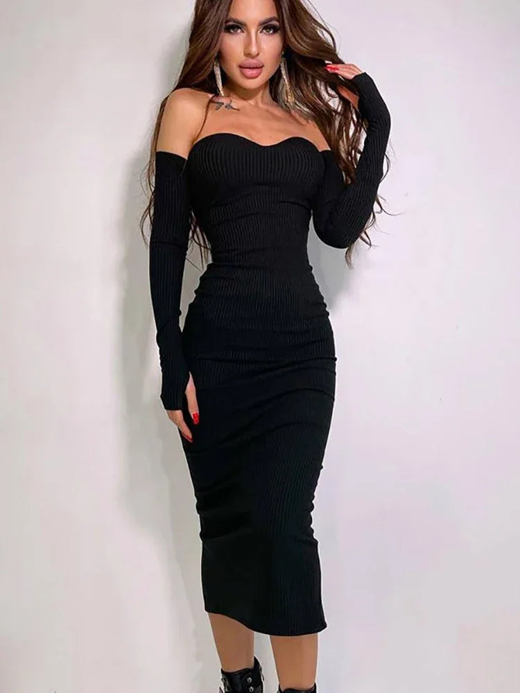 Women's Off Shoulder Knitted Long Sleeve Strapless Bodycon Maxi Elegant Party Dress