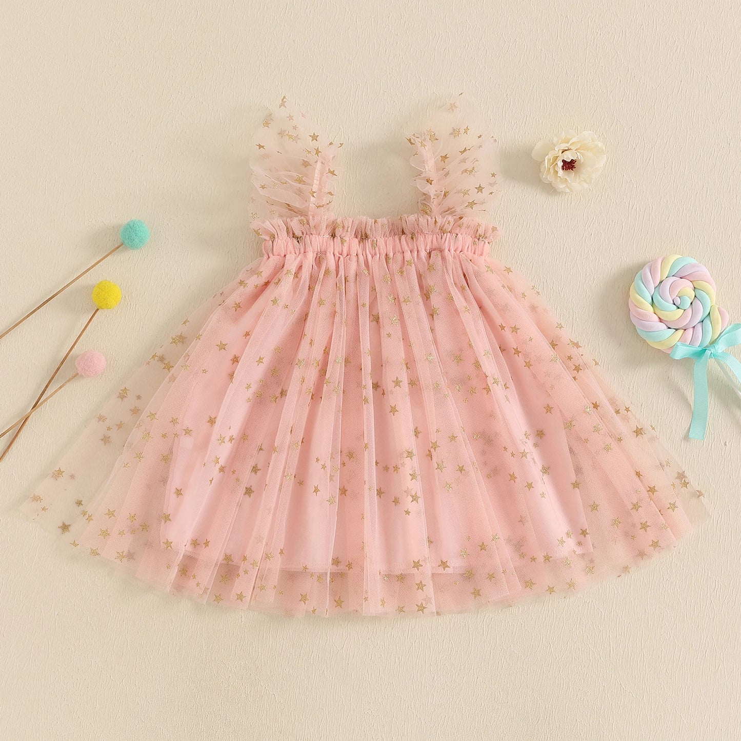 0-4YBaby Girls Summer Dress Glitter Star/Flower Print Fly Sleeve Square Neck Mesh Tulle Summer Dressress
