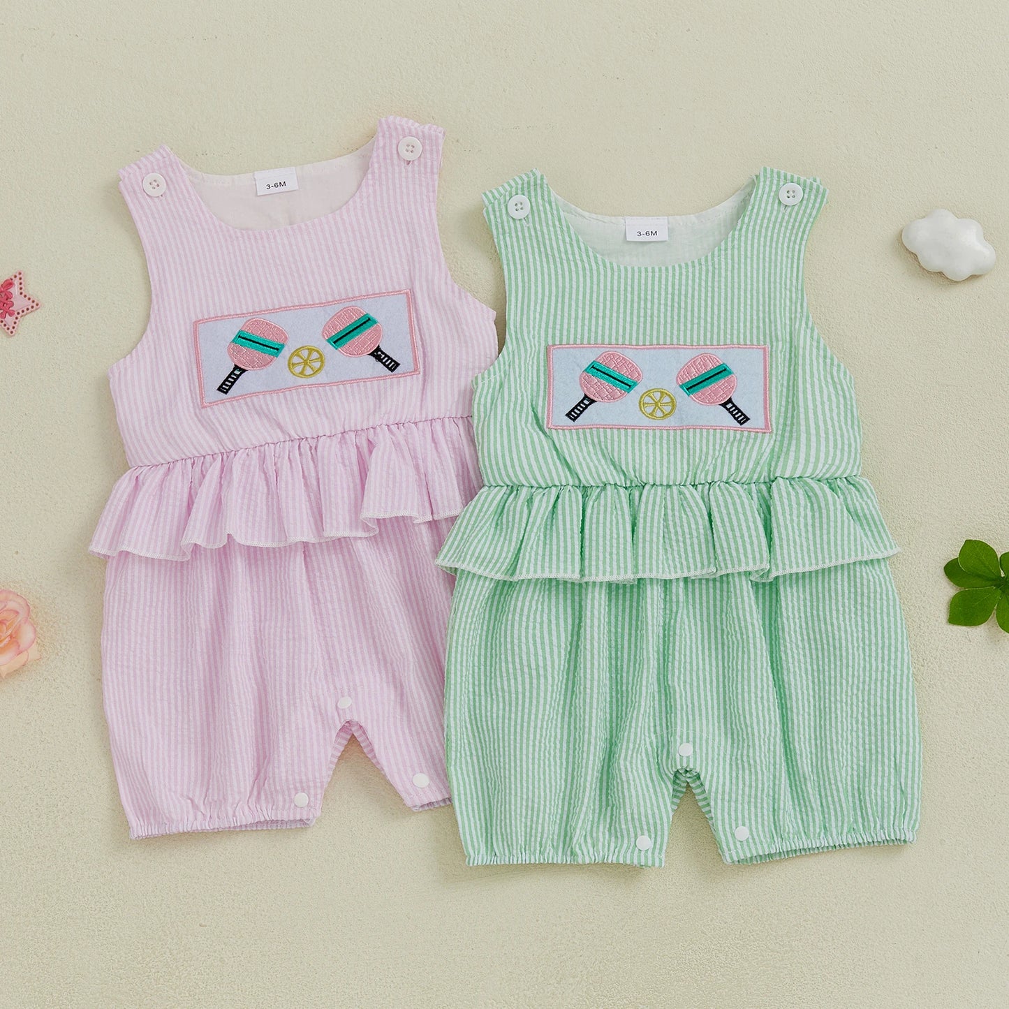 Striped Sleeveless Romper with Cartoon Embroidery - Baby & Toddler