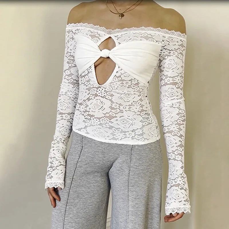 Women's Cut Out Lace Long Sleeve Top - Off Shoulder White Twist Front