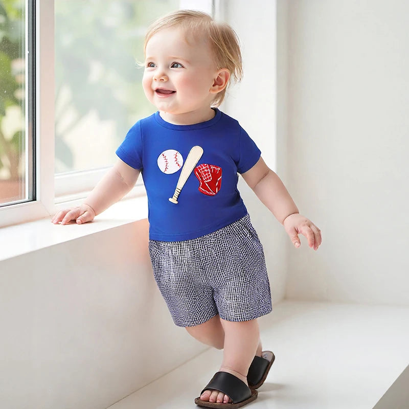 Baby Boys Baseball Outfit Set - Embroidery T-Shirt with Plaid Shorts